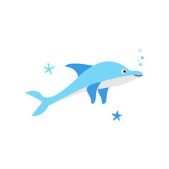 Cute blue dolphin on isolated white background. Vector illustration of kawaii sea life swimming creature in flat cartoon style