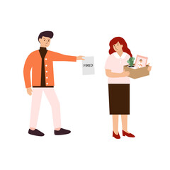 Unemployment. Woman lost her office job. Concept vector illustration in flat cartoon style with  secretary fired from job by angry boss