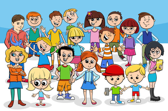 kids and teens cartoon characters group