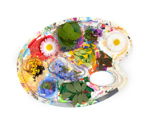 Artist acrylic gouache watercolor colorful red blue yellow palette and may flowers instead of...