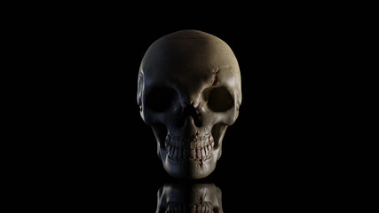 Skull is in the dark night. Which has only light on the side and clipping path. Still life style, 3D Render.