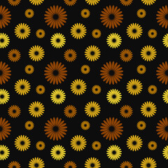 Vector illustration, bright seamless floral pattern with yellow flowers on black background.