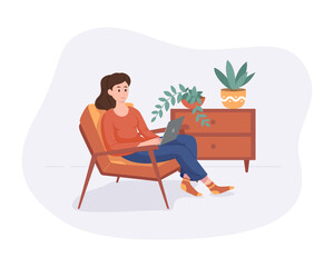 Fototapeta premium Freelance woman work from home comfortable space in chair with computer flat style vector illustration isolated on white. Freelancer girl self employed concept working online.