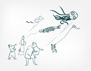 kite traditional geometric kimono card background vector sketch illustration line art japanese chinese oriental design