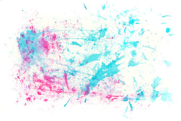 Fresh cool spring hand painted isolated watercolor backdrop with paint splashes on white background in pink, blue, cyan and violet colors. A4 paper size