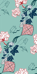 kite pastel blue traditional geometric kimono seamless pattern vector sketch illustration line art japanese chinese oriental design
