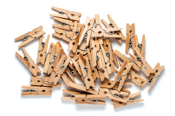 Top View of Pile of Wooden Clothespins Isolated on White Background