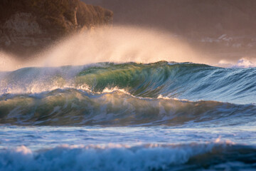 Waves breaking in Japan. The Pacific Ocean & its waves often generated by a Typhoon. The stunning...