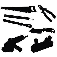 A set of repair tools. Saw, file, pliers, metal brush, plane, Bulgarian. Vector image