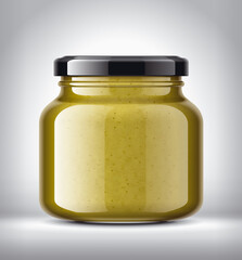 Glass Jar with Mustard on Background. 