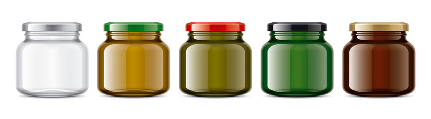 Set of Colored Glass Jars. 