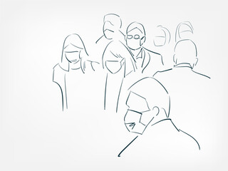 mask crowd vector illustration japanese chinese ink line sketch style