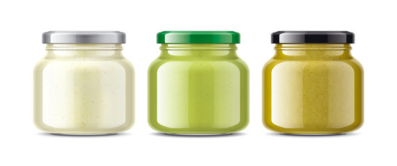 Set of Glass Jars with Sauces, Mustard, Wasabi, Horseradish. 