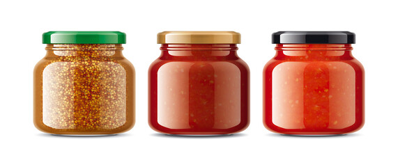 Set of Glass Jars with Sauces, Mustard. 