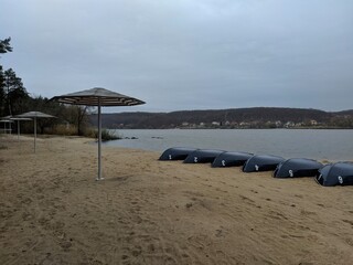 beach with umbrellas