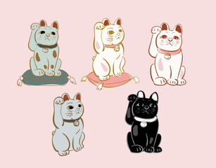 cat set traditional card background vector illustration line art japanese chinese oriental design