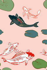 koi fish vector japanese chinese nature ink illustration sketch traditional seamless pattern colorful