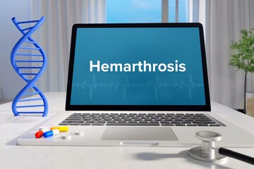 Hemarthrosis. Medicine/healthcare. Computer in the office of a surgery. Text on screen. Laptop of a doctor. Science/health