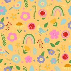 Poster Summer seamless pattern. Floral pattern on yellow background. Doodle style. Floral print for textile. Cute floral pattern with colorful flowers, birds, leaves and rainbow. © tatigomesarts