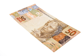fifty reais bill, money from brazil, falling slowly. Money rain. Concept of Brazilian economy,...