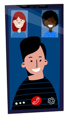 Video conference for three people.Conversation on smart phone Screen. Vector illustration flat style 