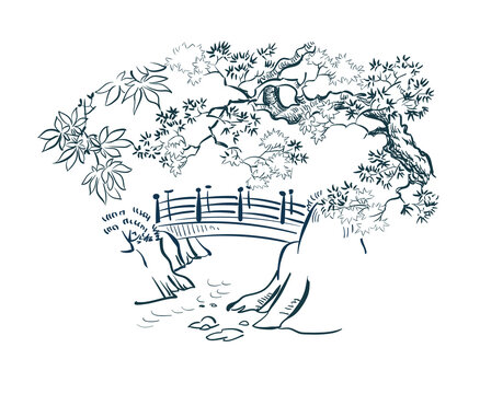 recommend clip art: bridge maple autumn card nature landscape view landscape card vector sketch illustration japanese chinese oriental line art