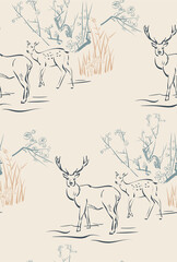 deer river japanese chinese design sketch ink paint style seamless pattern