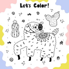 Naklejka premium Coloring page with happy llama and cactuses