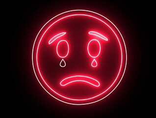 Neon emoji face, crying sign and sad face. Web character with neon, glowing light.