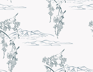 sakura birds japanese chinese design sketch ink paint style seamless pattern