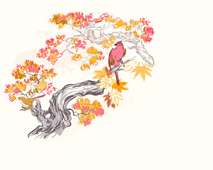 vögel ahorn karte natur landschaftsansicht landschaftskarte vektor skizze illustration japanisch chinesisch orientalisch strichzeichnungen © CharlieNati