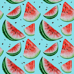 Watermelon slice fruit seamless patterns watercolor hand drawn illustration, fresh healthy food - natural organic food fabric texture on blue background. Scrapbook paper