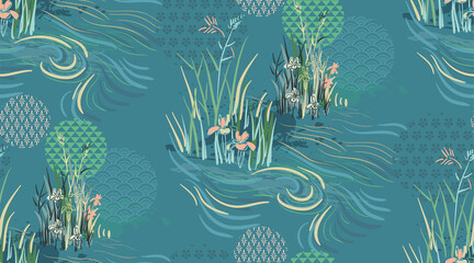 river pond flower japanese chinese design sketch ink paint style seamless pattern