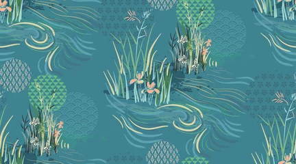 Fotobehang Kleurrijk rivier vijver bloem japans chinees ontwerp schets inkt verf stijl naadloos patroon