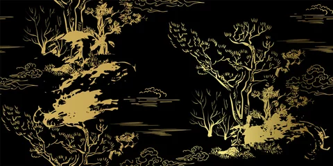 Behang Zwart goud boom bos japans chinees ontwerp schets zwart goud stijl naadloos patroon