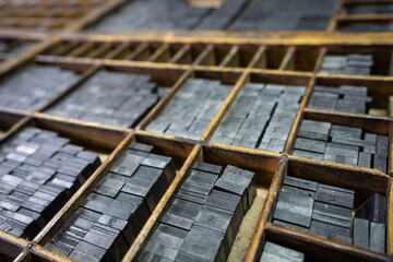 Printing drawer with grids to organize the types of typography that are inside, focus selective, industry concept