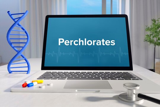 Perchlorates. Medicine/healthcare. Computer in the office of a surgery. Text on screen. Laptop of a doctor. Science/health
