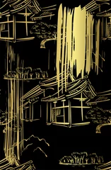 Gordijnen tempel japans chinees ontwerp schets zwart goud stijl naadloos patroon © CharlieNati