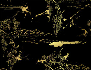 sakura japanese chinese design sketch black gold style seamless pattern