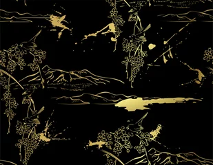 Foto op Plexiglas Zwart goud Sakura Japans Chinees ontwerp schets zwart goud stijl naadloos patroon