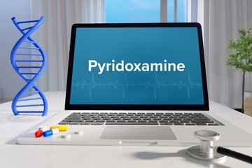 Pyridoxamine. Medicine/healthcare. Computer in the office of a surgery. Text on screen. Laptop of a doctor. Science/health