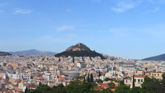 Panoramic view of the Lycabettus Hill from the Areopagus hill, Athens, Greece.