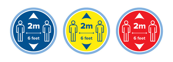 Social distancing floor sticker decal or sign set. 2m meters 6 feet distance sticker for coronavirus covid-19 quarantine pandemic.