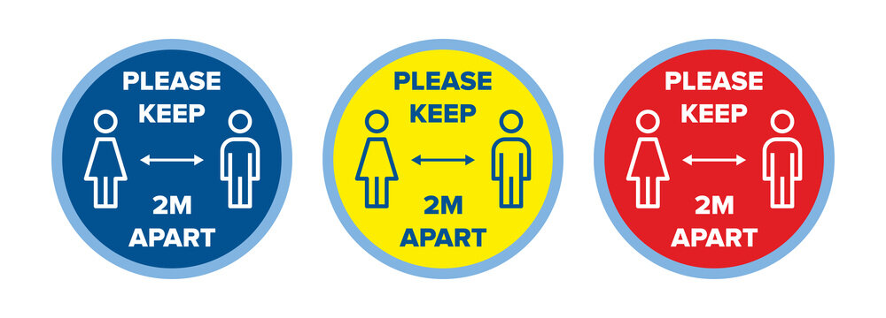 Floor decals social distancing stickers, 2m metres distance vector graphic. Sign or floor sticker. Red, yellow, blue. For use in Schools, Hospitals, Shops, Gym, Leisure, Retail. Coronavirus covid-19