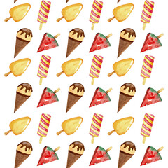 Seamless pattern. Hand drawn watercolor ice cream isolated on a white background. For textile scrapbooking and wrapping paper