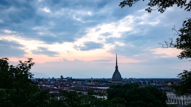 Turin 4k time lapse from day to night panorama with Mole Antonelliana