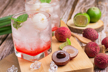 Lychee juicy punch drink with mint in glass