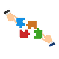 Four jigsaw puzzle pieces in hands isolated on white. Vector illustration. Flat style	