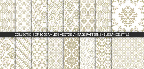 Collection of 16 floral vintage patterns. Baroque, damask wallpapers. Seamless vector backgrounds. Elegance luxury victorian style textures. - obrazy, fototapety, plakaty