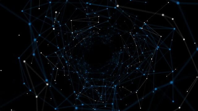 Network connected data tunnel animation on black background. Connected blue and white dots, 4K Video